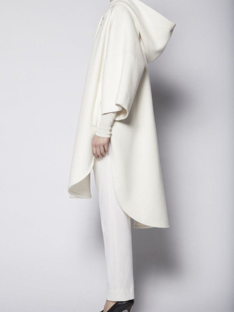 Kes Wool Hooded Cape Coat Zip Front Natural Ecru Cream 3/4 Sleeves Small $875 — image 2 of 8